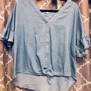 Button Down Raw Edge Ruffles Sleeve Chambray Shirt